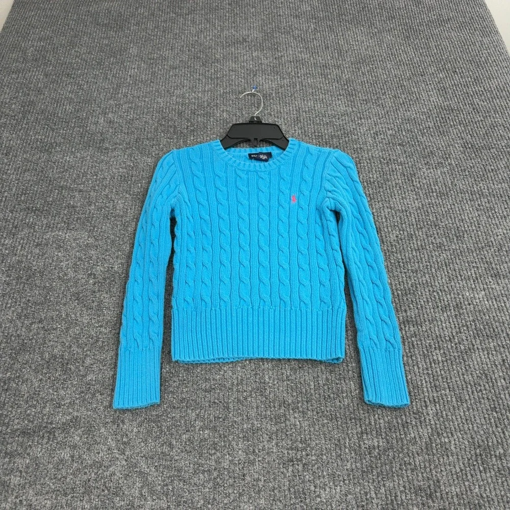 Ralph Lauren Sweater Girls M Blue 100% Cotton Cable Knit Crewneck Preppy Classic
